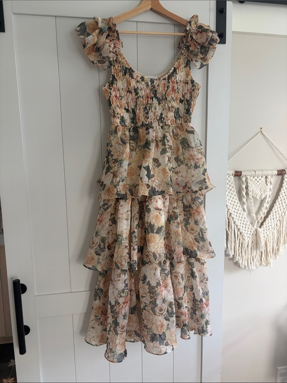 Smocked Floral Tiered Midi Dress in Cream and Green
